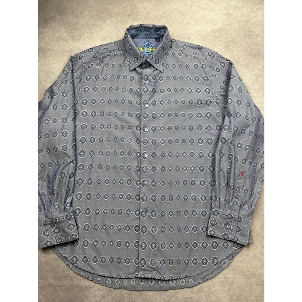 Robert Graham Mens XL Gray Blue Medallion Reverse Cuff Print Button Shirt